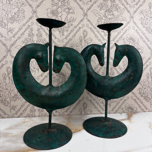 Unique Vintage MCM Brutalist Zoomorphic Candle Holders Set of 2 Horses - Picture 1 of 9